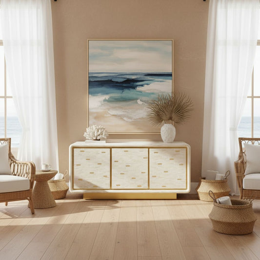 Bone Inlay 3 Door Buffet : Brickwork with Brass Accent : White