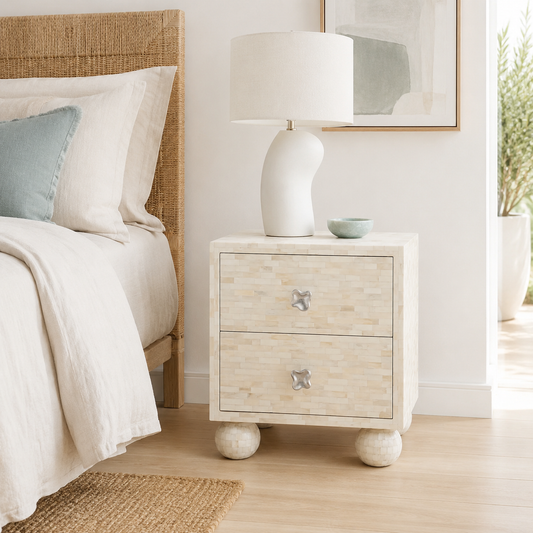 Bone Inlay 2 Drawer Bedside Table with Ball Feet : Stripe : White