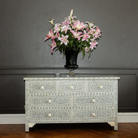 Bone Inlay 7 Drawer Chest : Floral : Grey
