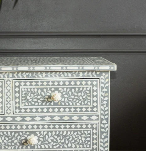 Bone Inlay 4 Drawer Chest : Floral : Dove Grey