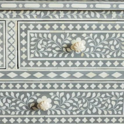 Bone Inlay Bedroom Suite : Floral : Grey (1 Chest & 2 Bedsides)