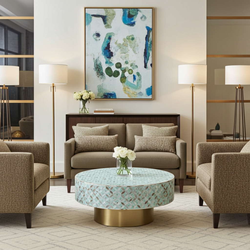 Mother of Pearl Inlay Round Coffee Table : Lady's Bedstraw : Jade Green