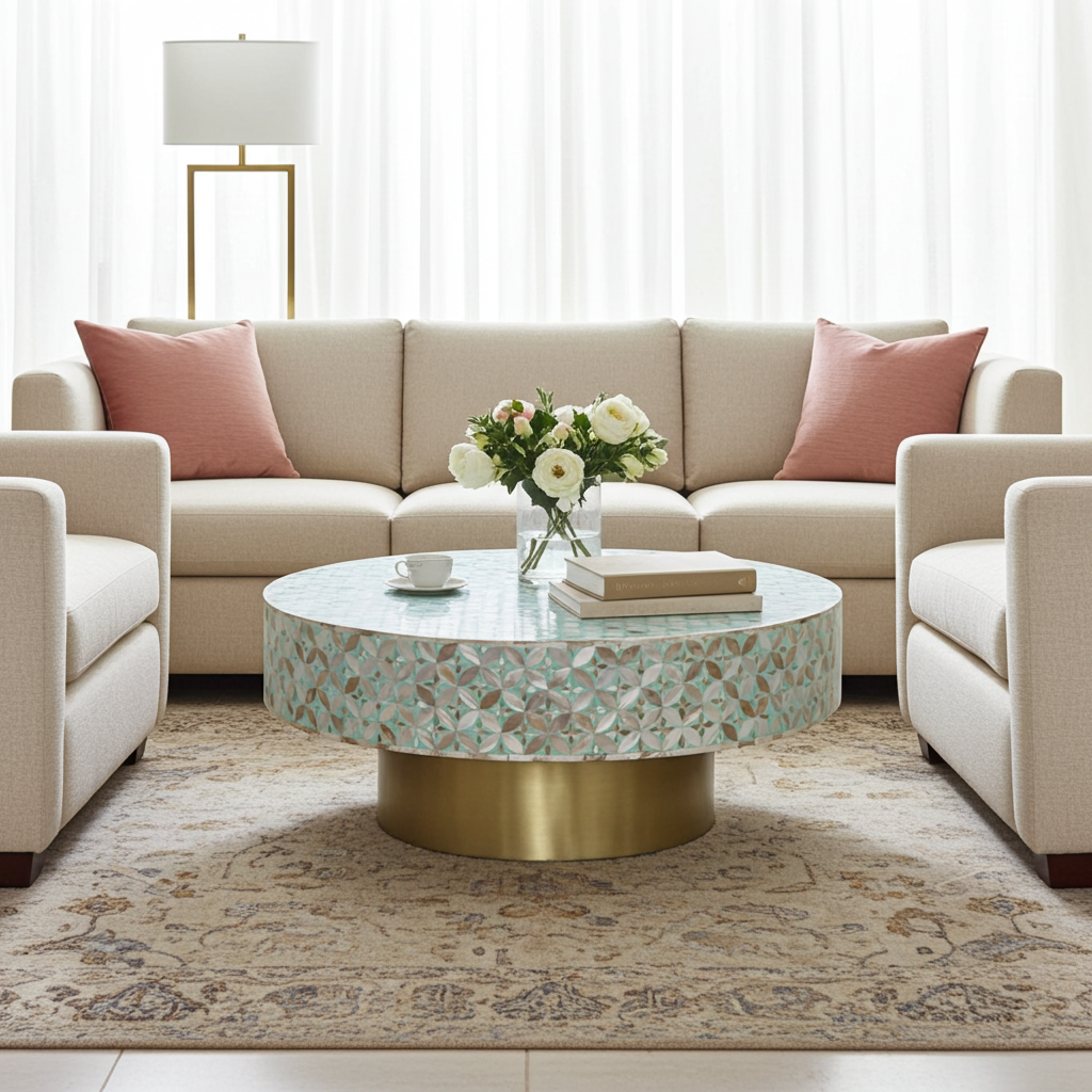 Mother of Pearl Inlay Round Coffee Table : Lady's Bedstraw : Jade Green