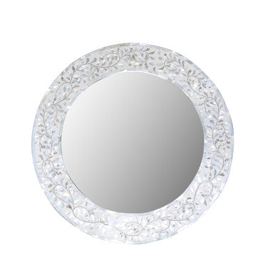 Mother of Pearl Inlay Round Mirror : Floral : White