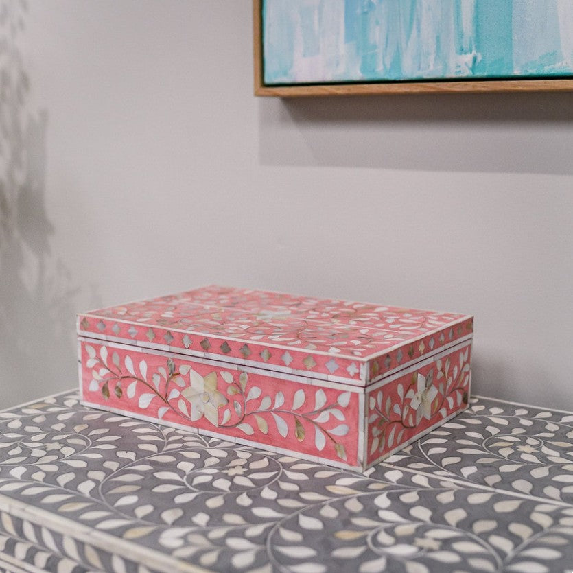 Mother of Pearl Inlay Large Box : Floral : Pink