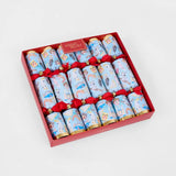 Box of Christmas crackers with blue designs and red ribbons on a white background
