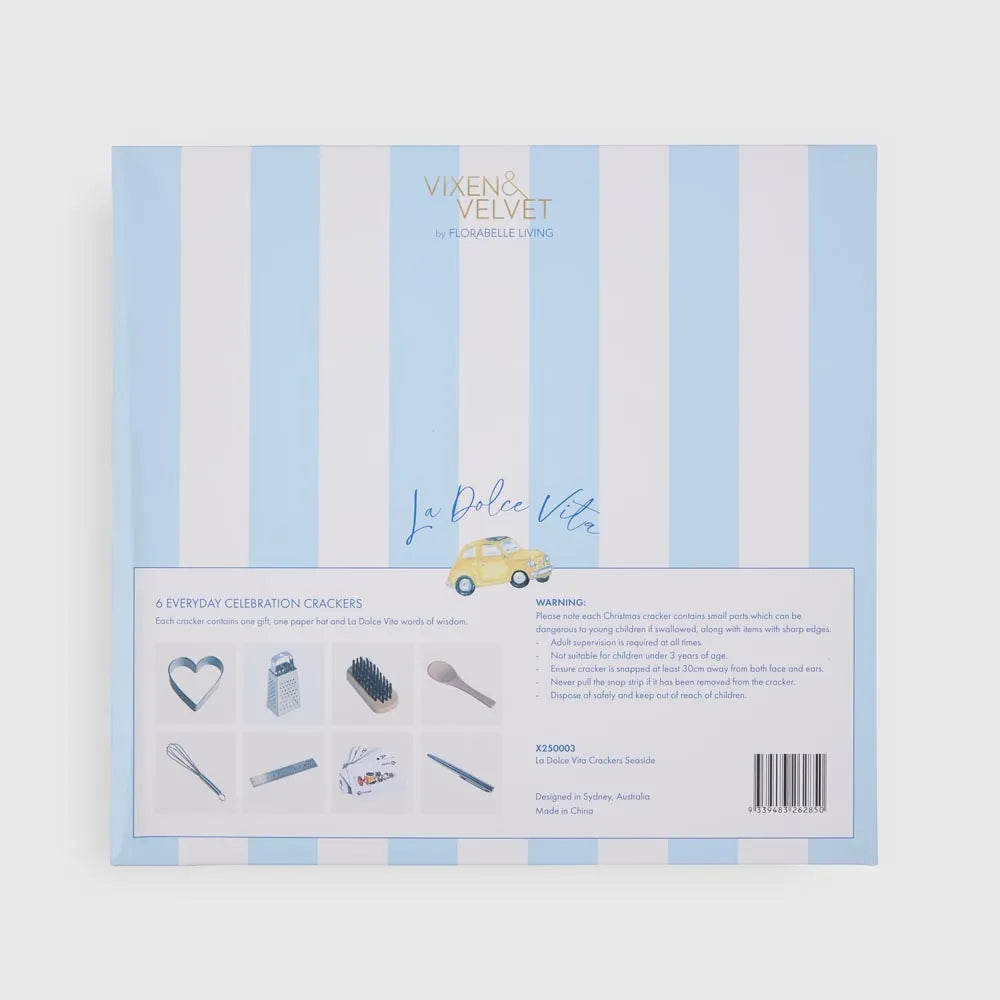 Vixen & Velvet product packaging with blue and white striped design