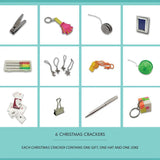 Collection of Christmas crackers with various items on a light blue background