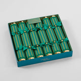Box of green striped crackers with gold accents in a teal box, branded 'Vixen & Velvet'.