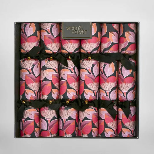 Decorative crackers with floral pattern in a box, featuring the brand 'Vixen's Velvet'.