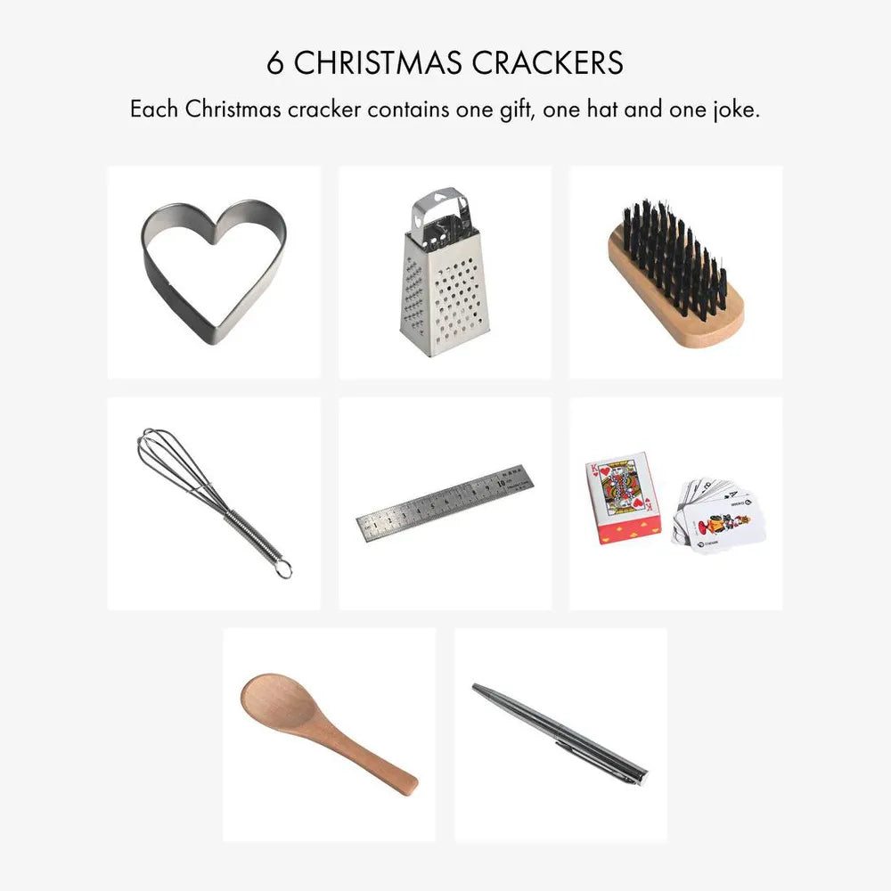 Set of six Christmas crackers with various items on a white background