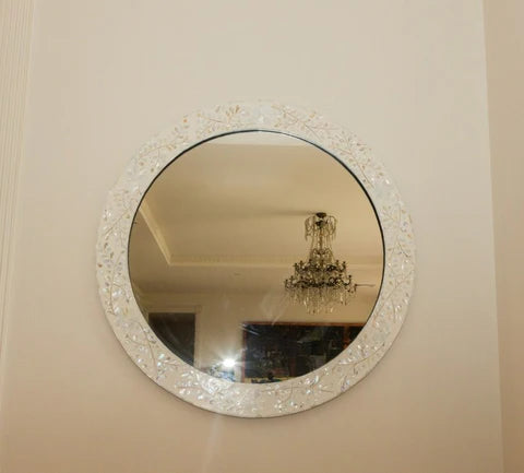 Mother of Pearl Inlay Round Mirror : Floral : White