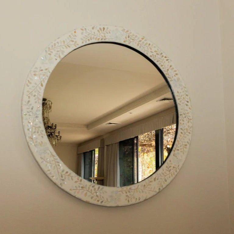 Mother of Pearl Inlay Round Mirror : Floral : White