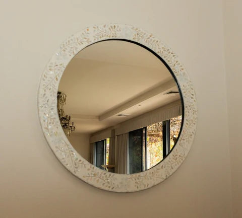Mother of Pearl Inlay Round Mirror : Floral : White