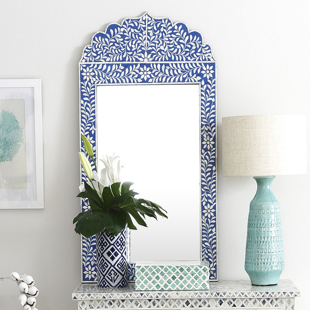 Bone Inlay Crested Mirror : Floral : Blue