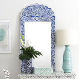 Bone Inlay Crested Mirror : Floral : Blue