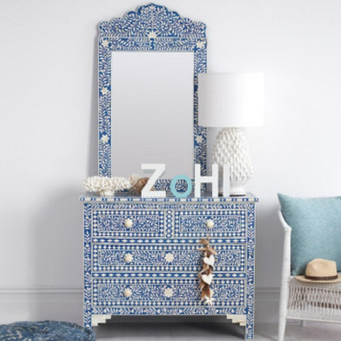 Bone Inlay Crested Mirror : Floral : Blue
