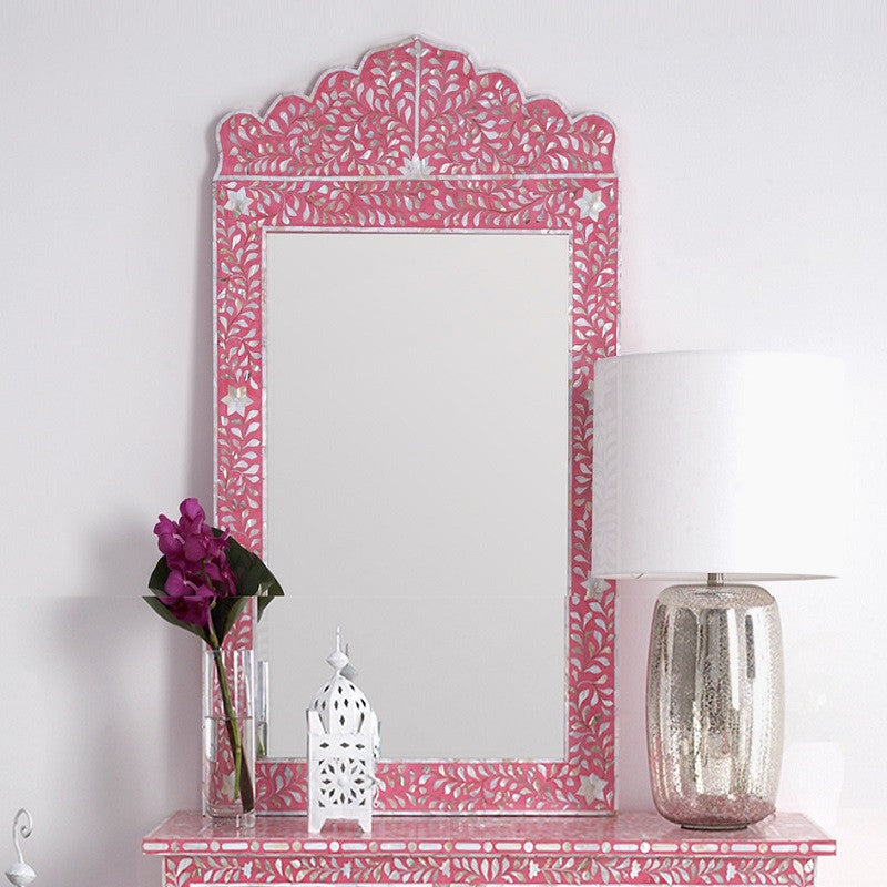 Mother of Pearl Inlay Crested Mirror : Floral : Pink