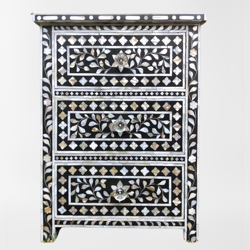 Mother of Pearl Inlay 3 Drawer Bedside Chest : Floral : Black