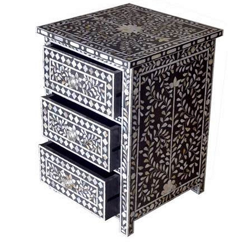 Mother of Pearl Inlay 3 Drawer Bedside Chest in Black