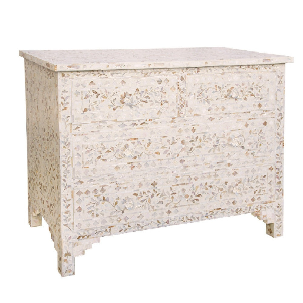 Mother of Pearl Inlay 4 Drawer Chest in White