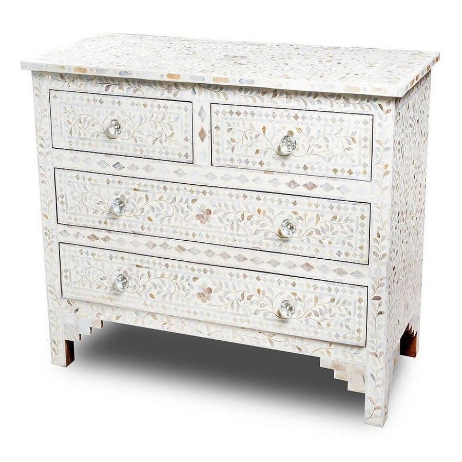 Mother of Pearl Inlay 4 Drawer Chest in White