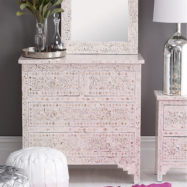 Mother of Pearl Inlay 4 Drawer Chest in White