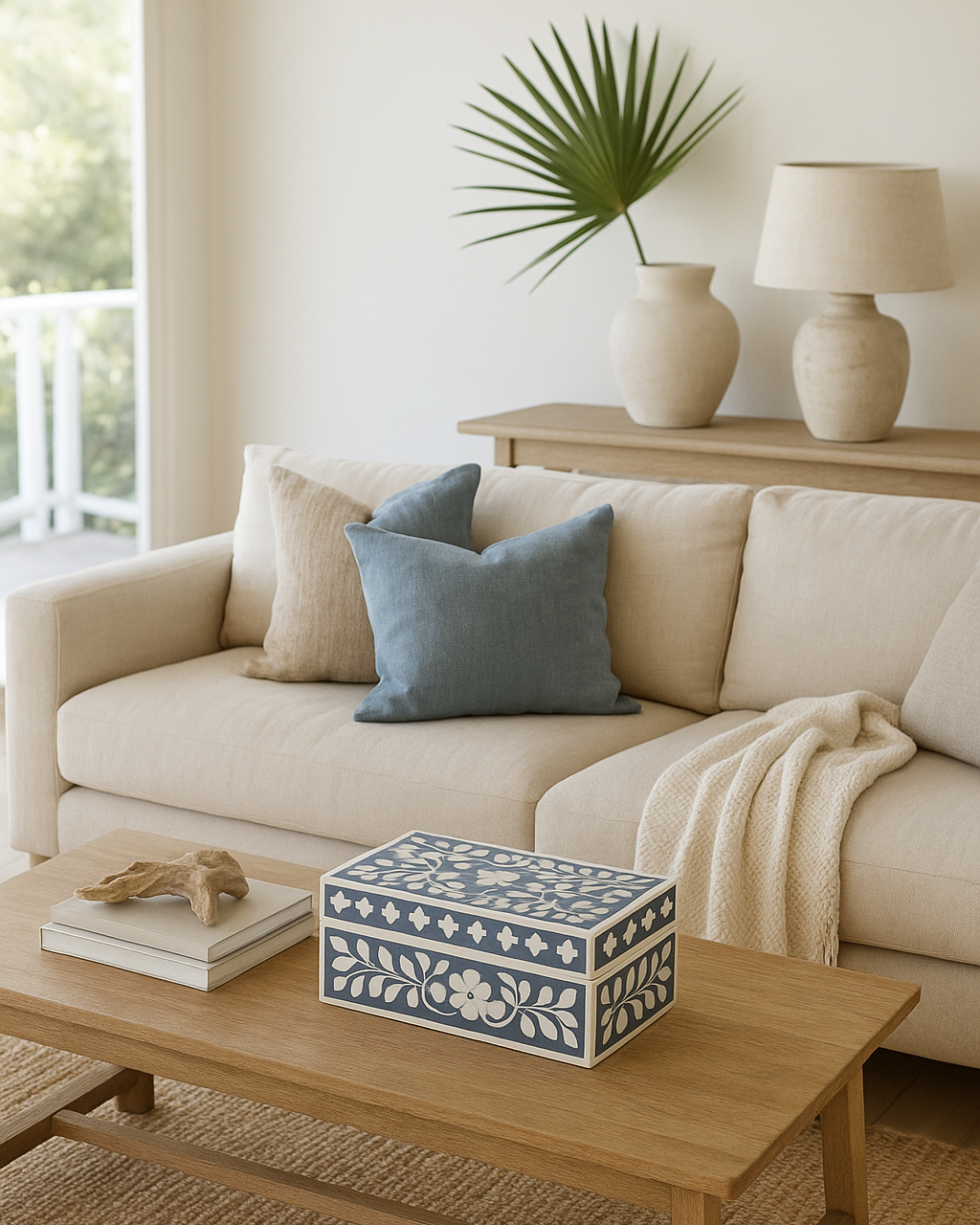 Beige sofa with blue pillows and a decorative box on a wooden coffee table in a living room.