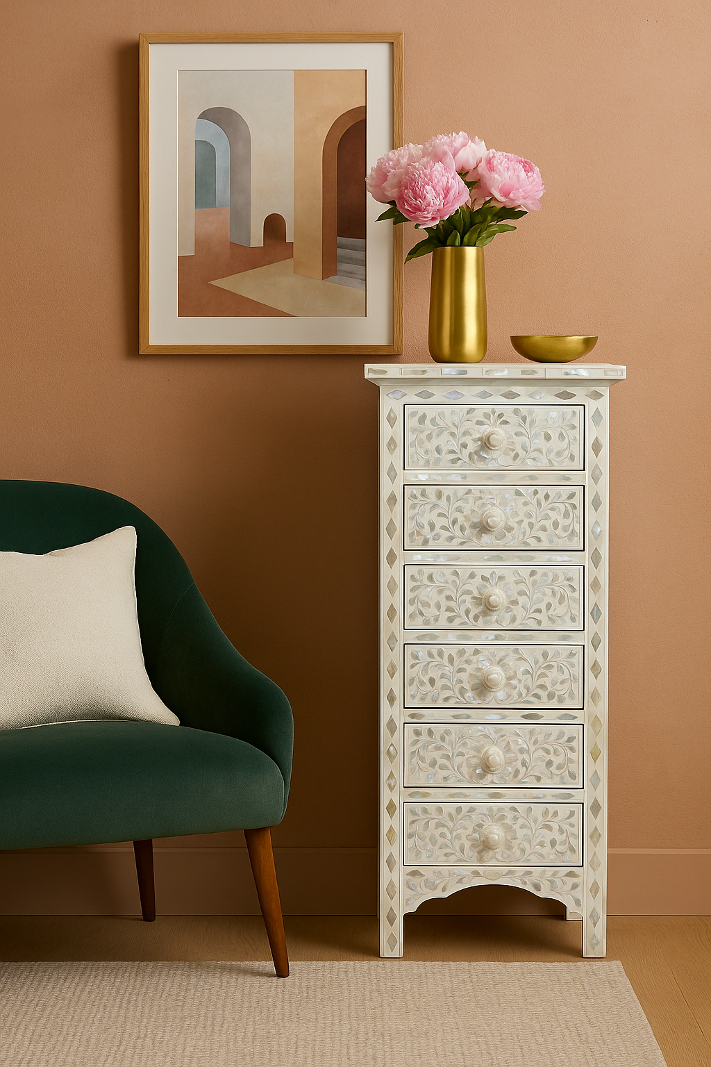 Decorative chest of drawers with floral arrangement against a brown wall