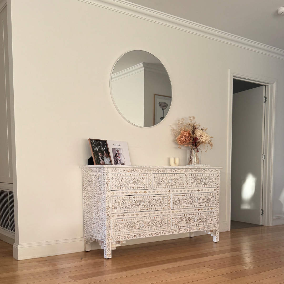 Mother of Pearl Inlay 7 Drawer Chest : Floral : White