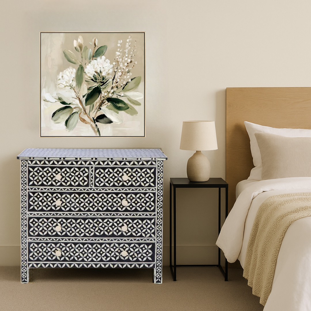 Bone Inlay 5 Drawer Chest : Starburst : Black