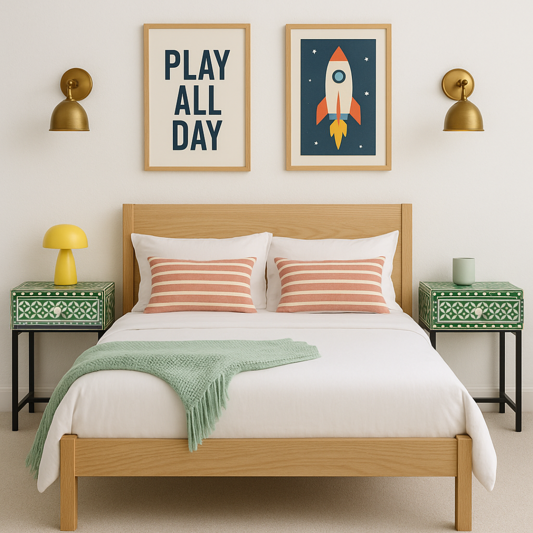 Bedroom with wooden bed, striped pillows, and wall art.