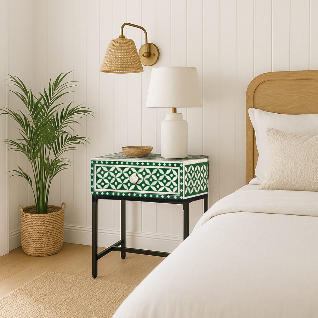 Bone Inlay 1 Drawer Bedside (with Metal Legs) : Starburst : Green