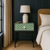 Bone Inlay 1 Drawer Bedside (with Metal Legs) : Starburst : Green