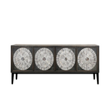 Cabinet with decorative circular panels on a white background