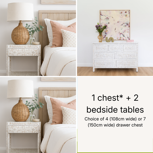 Mother of Pearl Inlay Bedroom Suite : Floral : White (1 Chest & 2 Bedsides)