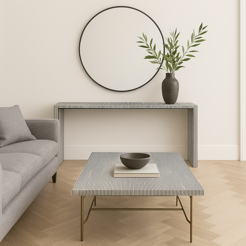 Bone Inlay Coffee Table wtih Antique Brass Legs : Pinstripe : Charcoal