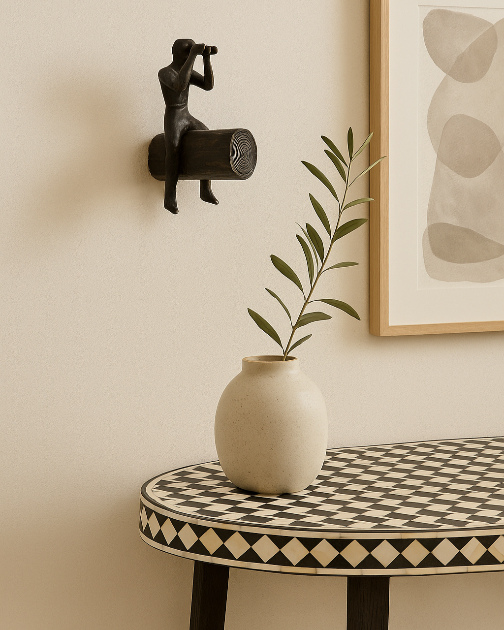 Decorative table with a vase, plant, and wall sculpture against a beige wall.