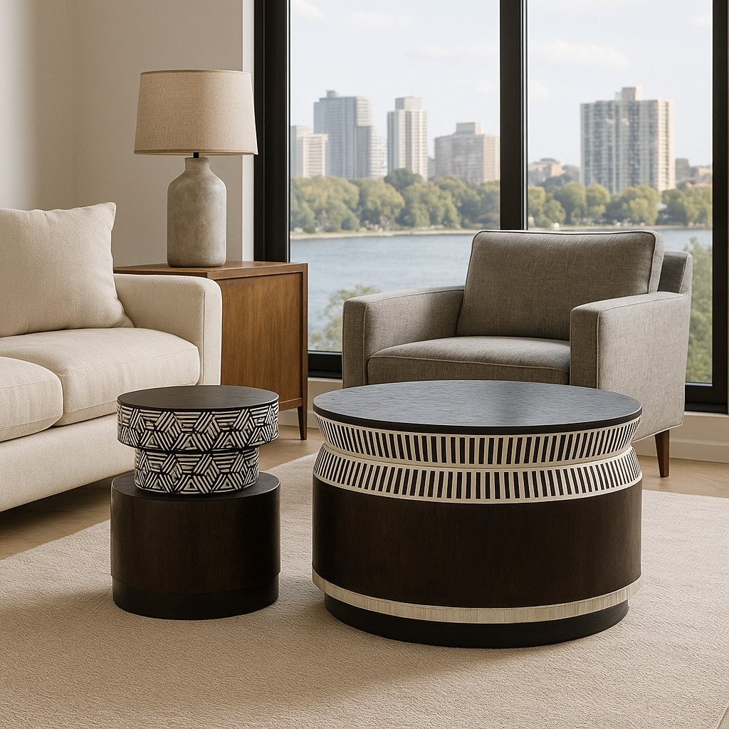 Bone Inlay & Timber Side Table : Criss Cross : Black