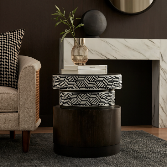 Bone Inlay & Timber Side Table : Criss Cross : Black