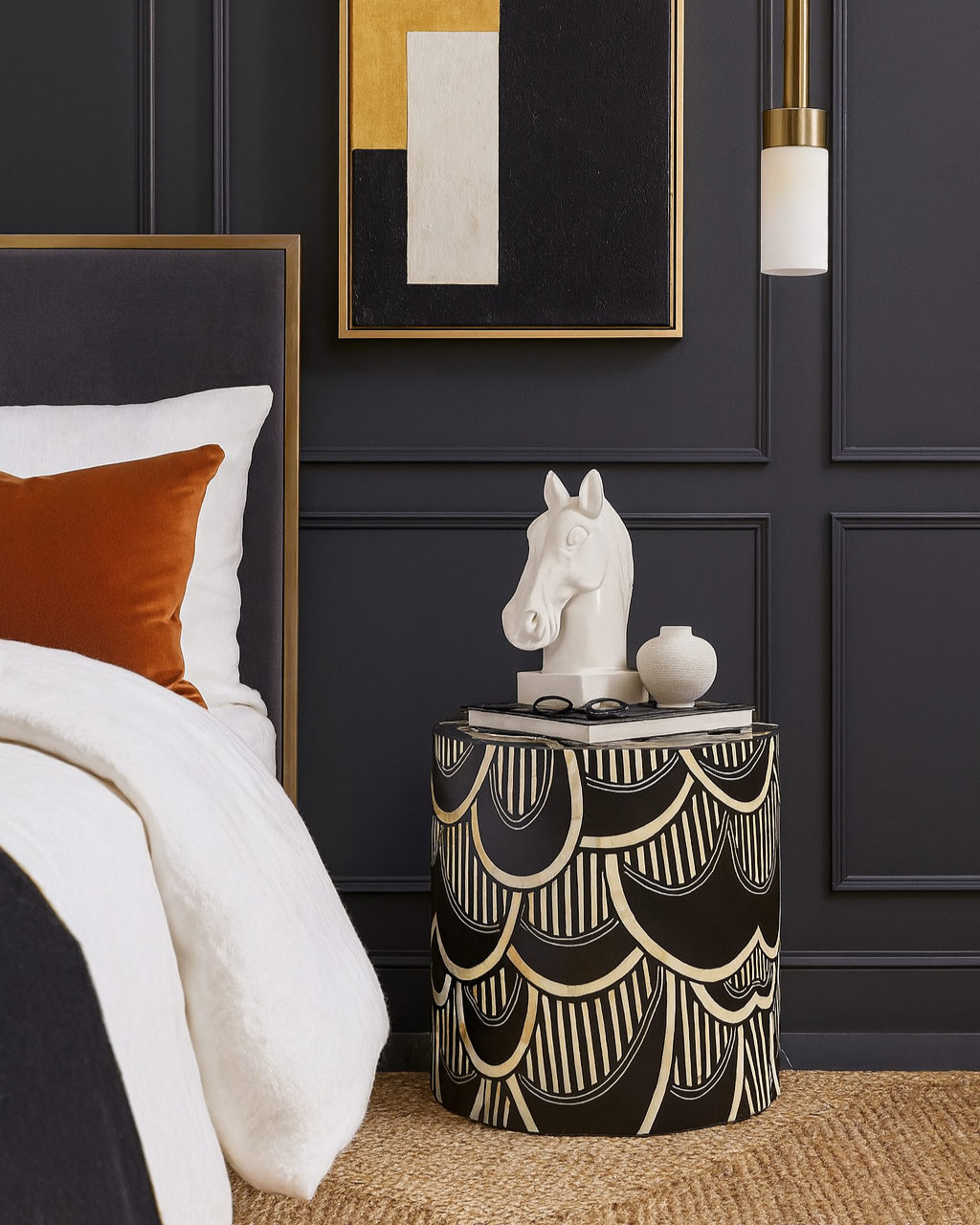 Bone Inlay Side Table : Scalloped Stripe : Black