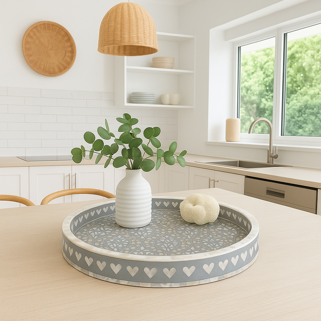Decorative tray with heart pattern on a kitchen counter, featuring a vase with greenery and a window in the background.