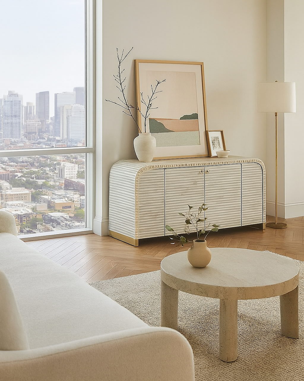 Modern living room with a white console table, round coffee table, and cityscape view.