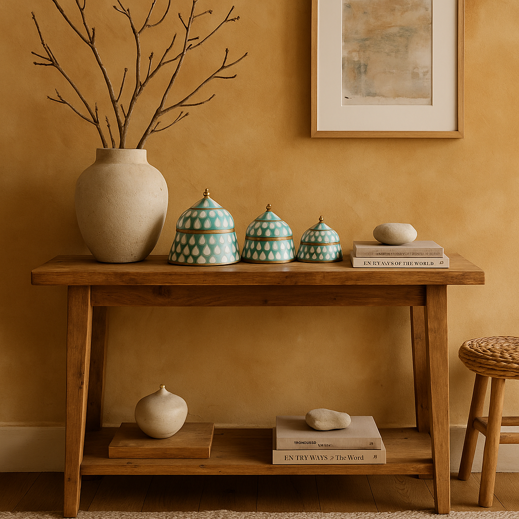Wooden console table with decorative items against a warm-colored wall.