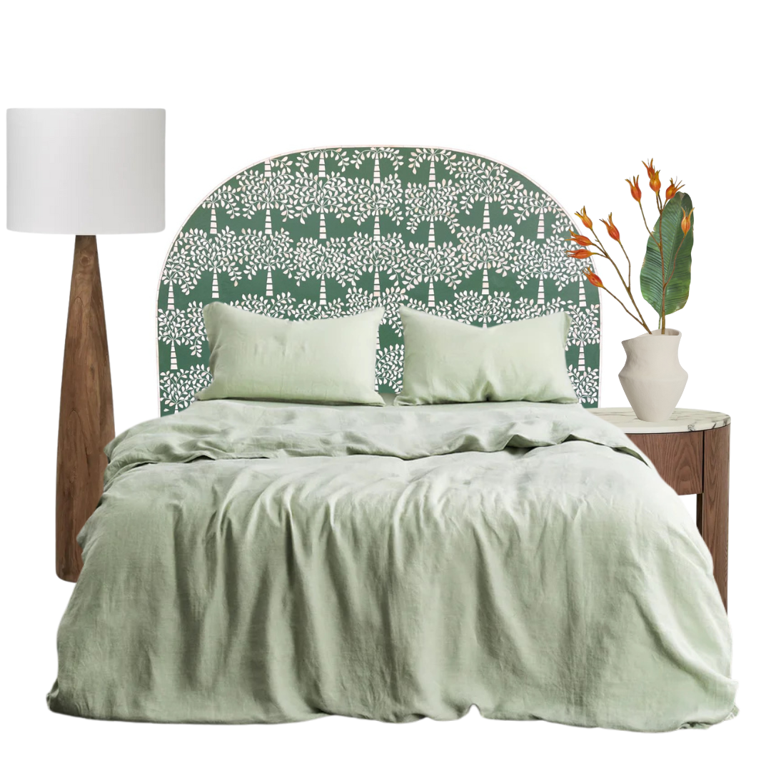 Mood Board with Bone Inlay Bedhead in Green