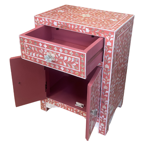 Mother of Pearl Inlay Bedside Cabinet : Floral : Fuchsia