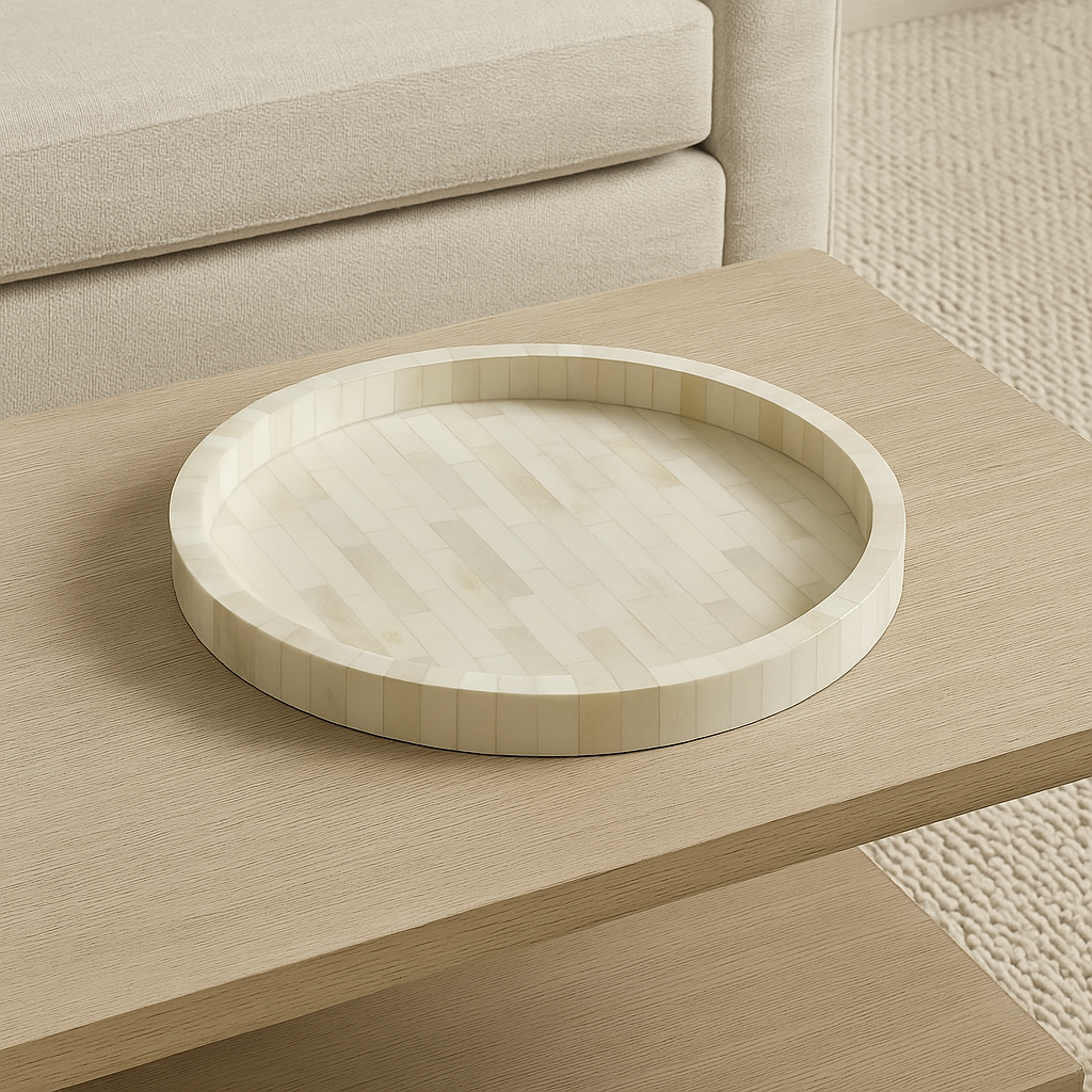 Round wooden tray on a wooden surface with a neutral background