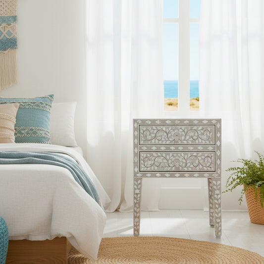 Mother of Pearl 2 Drawer Bedside : Floral : Grey