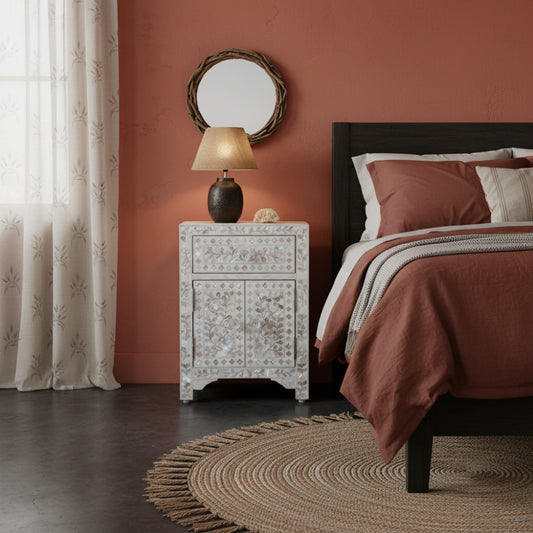 Mother of Pearl Bedside Cabinet : Floral : White