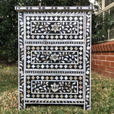 Mother of Pearl Inlay 3 Drawer Bedside Chest : Floral : Black